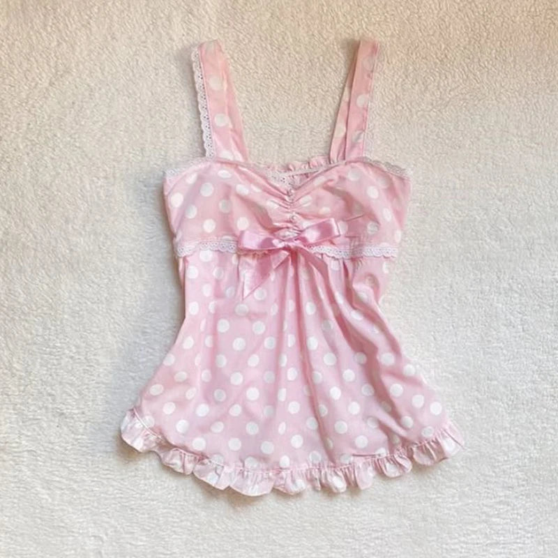 Women's Sweet and cute fairy tale style Y2K casual slim crop top polka dot kawaii bow lace all-match American Gothic cartoon top