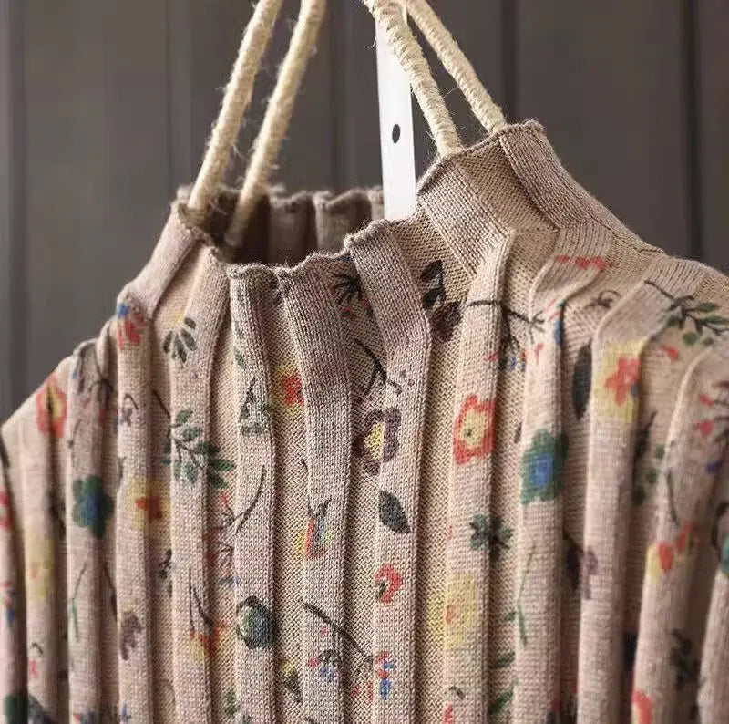 Retro Printed Half High Necked Sweater Dress 2026 Spring Autumn Mid Length Loose Oversized Pullover Bottom Knit Shirt Z4697