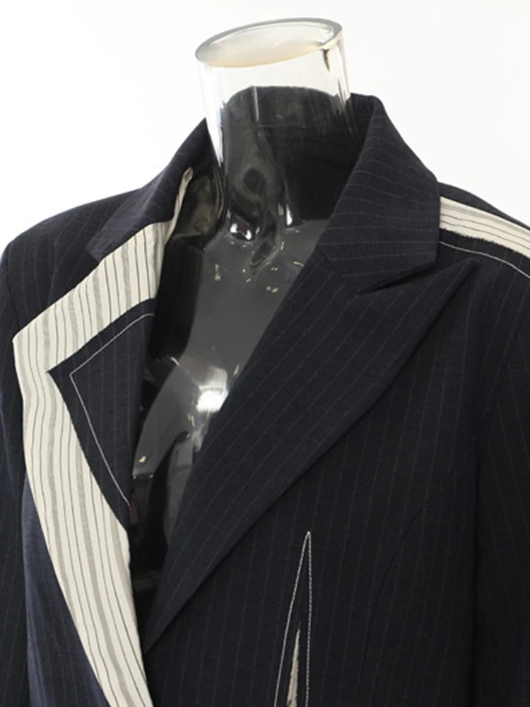 EAM Women Navy Blue Striped Irregular Elegant Blazer New Lapel Long Sleeve Jacket Fashion Tide Spring Autumn 2026 1DH5930