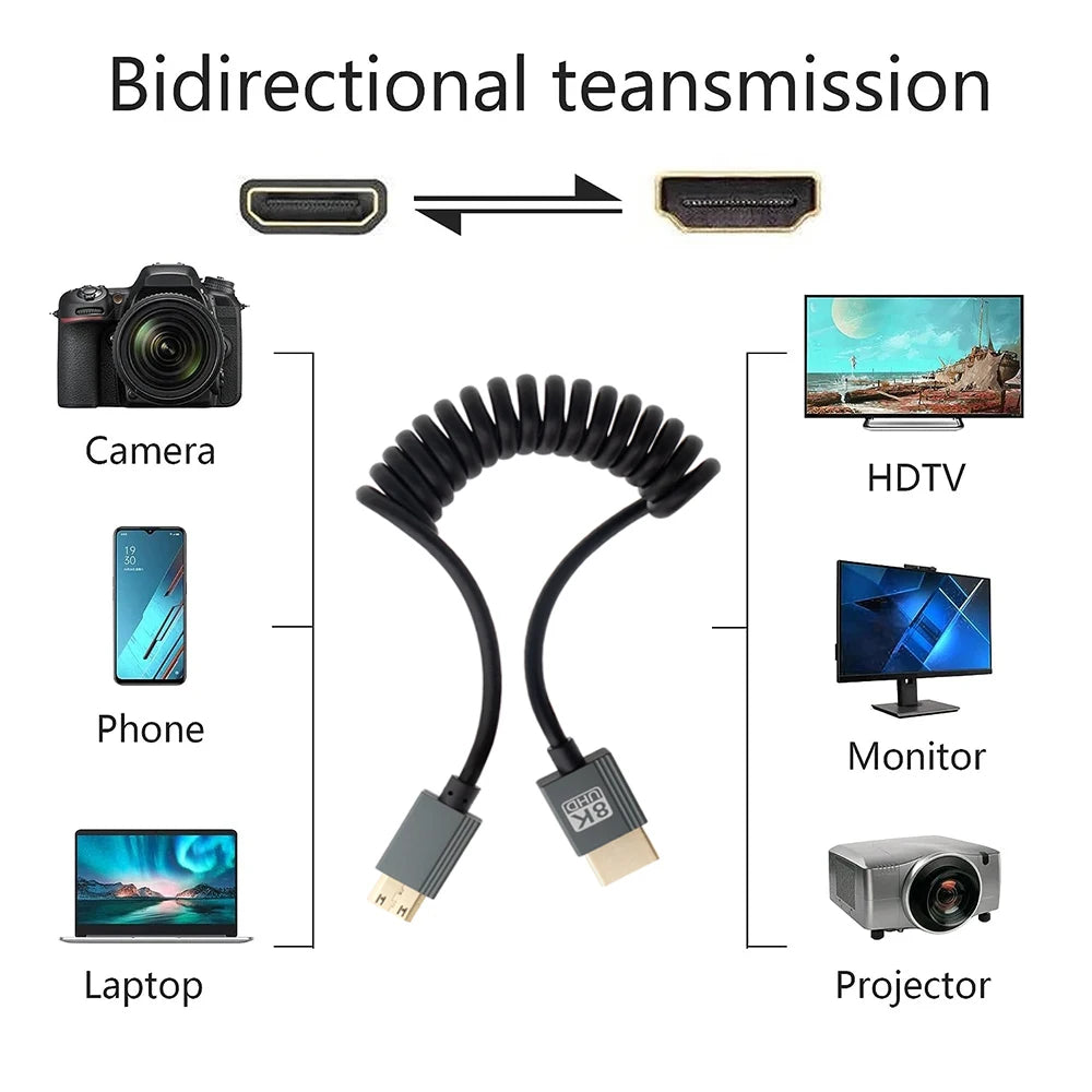 8K UHD Cable 2.1 Standard HD Mini-HD Micro-HD Stretch Spring Curl Flexible Cord for PC Phone Tablet Camera DV Monitor HDTV