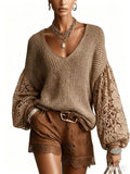 2026 New Arrival: Popular European and American Women's Fashion – Lace Openwork Bell-Sleeve V-Neck Knit Pullover