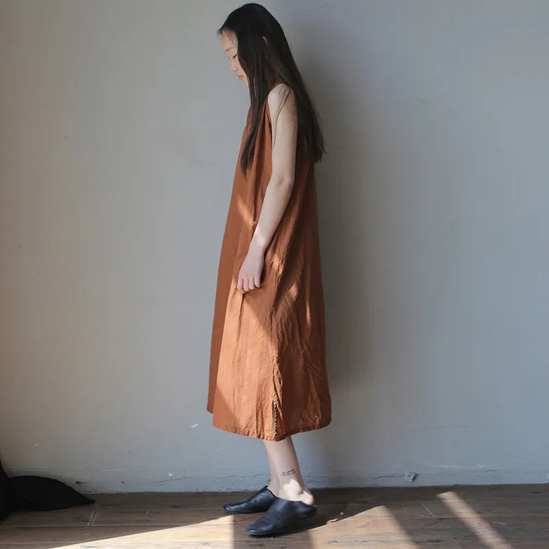 Johnature 2025 Summer 5 Colors Vintage Loose Dress Women Sleeveless Solid Color O-neck Thin Simple Render Comfortable Dress New