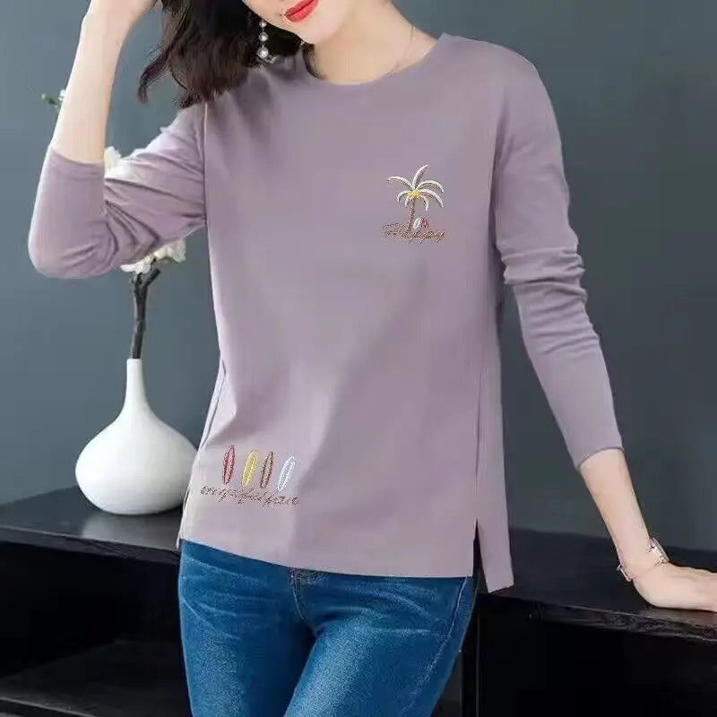 Women Korean Fashion Print Simple All Match T-shirt Spring Autumn Casual O Neck Irregular Tees Long Sleeve Loose Tops Ropa Mujer