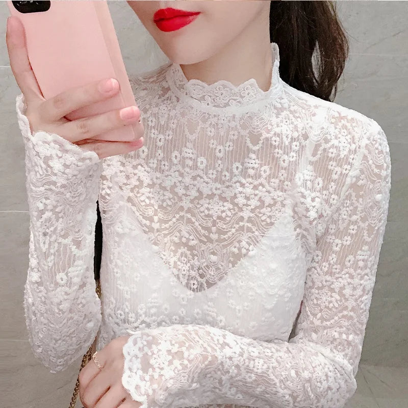White Lace Base Shirt Women's Autumn Winter New Style Inner Hollow out Half High Collar Mesh Top Fashionable Korean Style Sli...
