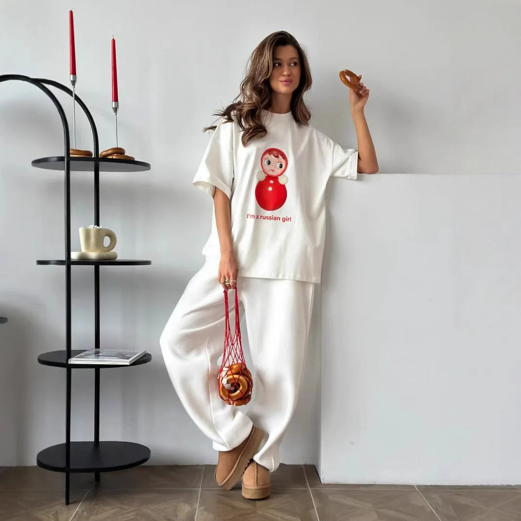 Street Style Retro Russian Nesting Doll Print Ladies T Shirt Casual Fashion Y2k Personality Round Neck Short Sleeved T Shirt