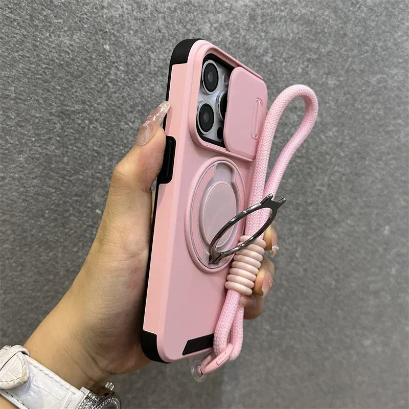 New Armor Magnetic Bracket Cases for iPhone 16 14 13 12 11 15 Pro Max Plus With Lanyard Slide Camera Protection Shockproof Cover