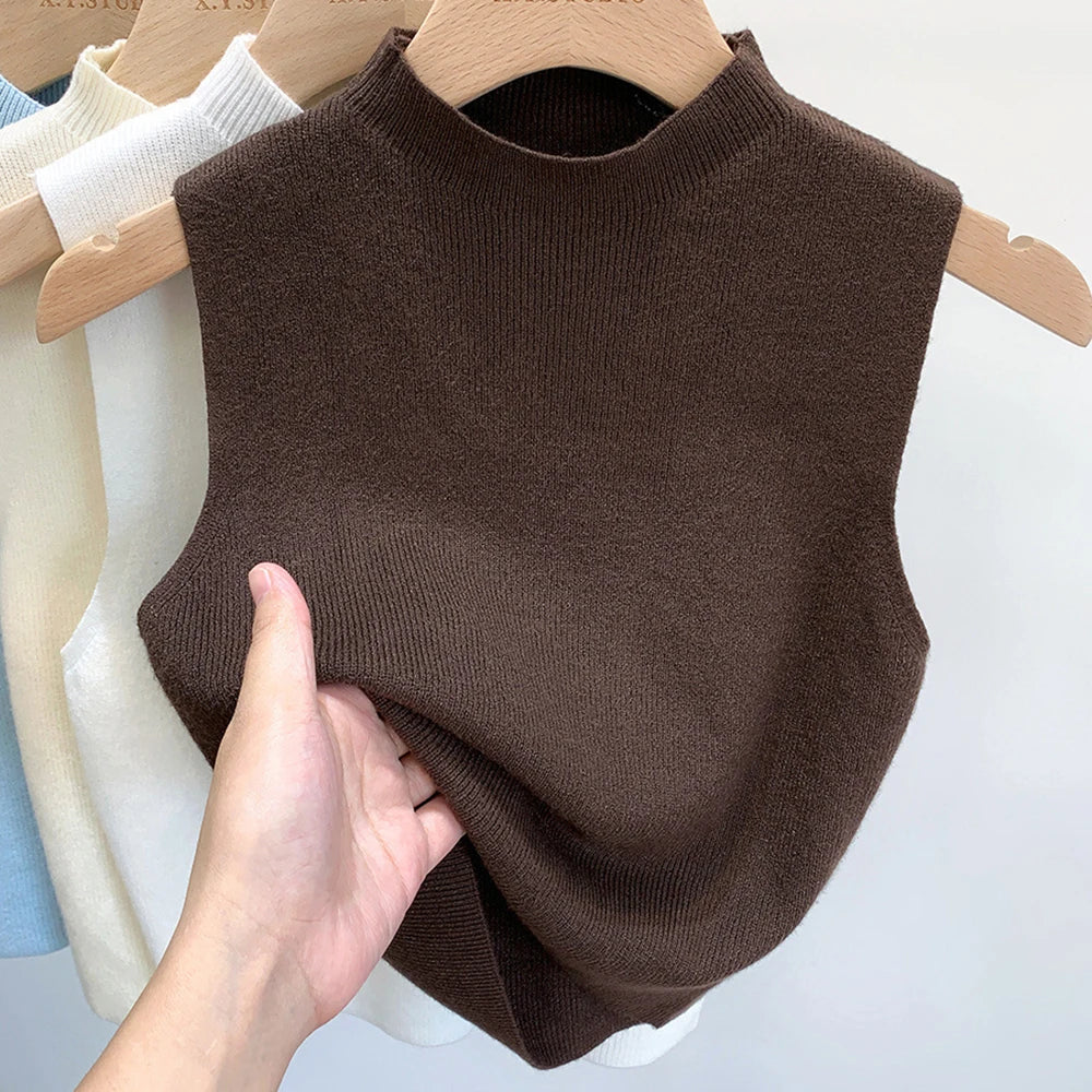 Elegant Knit Vest Top Sleeveless Women Camisole Tees T-Shirt Pure Color Sweater Half-turtleneck Vest Tank Top Simple Cropped Top