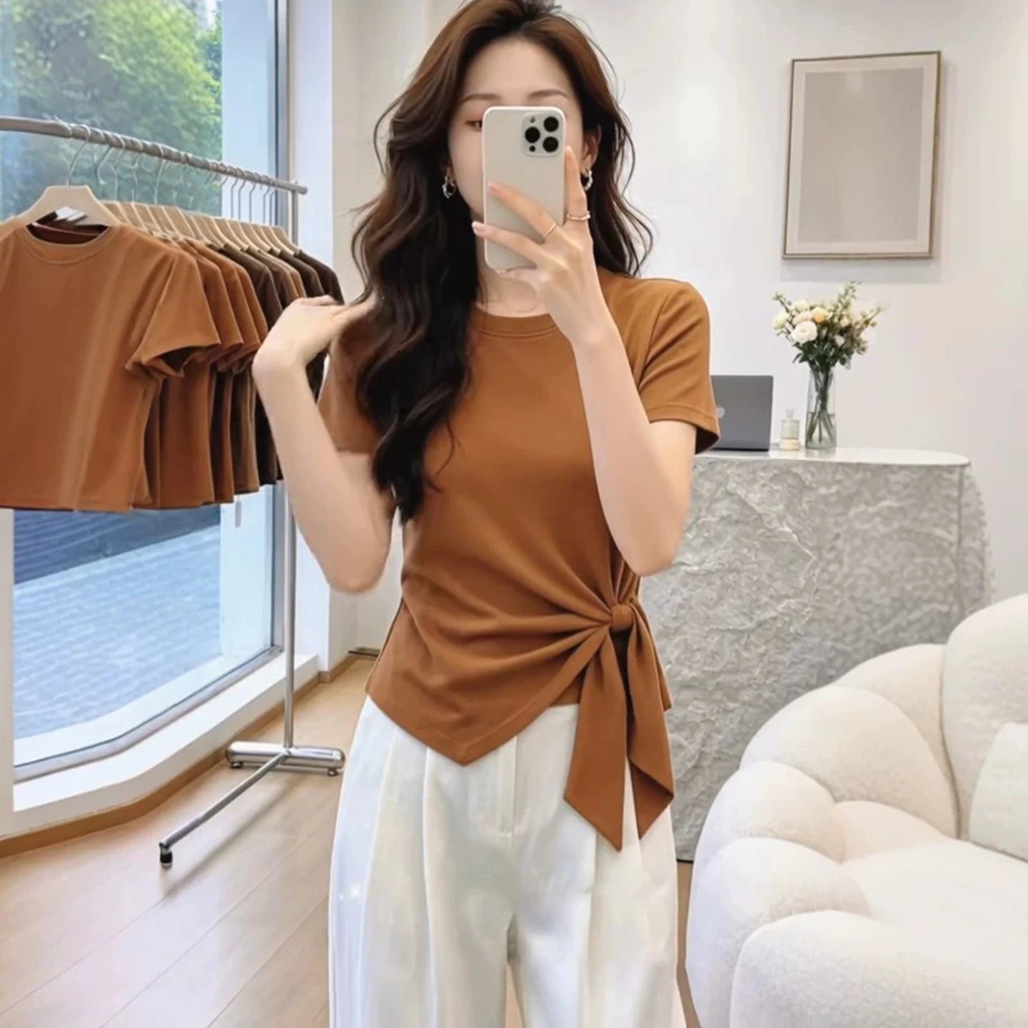 Pure Cotton Short Sleeve T-Shirt Women's Summer plus Size Slim Fit Irregular Belt Design Korean Style round Neck Top