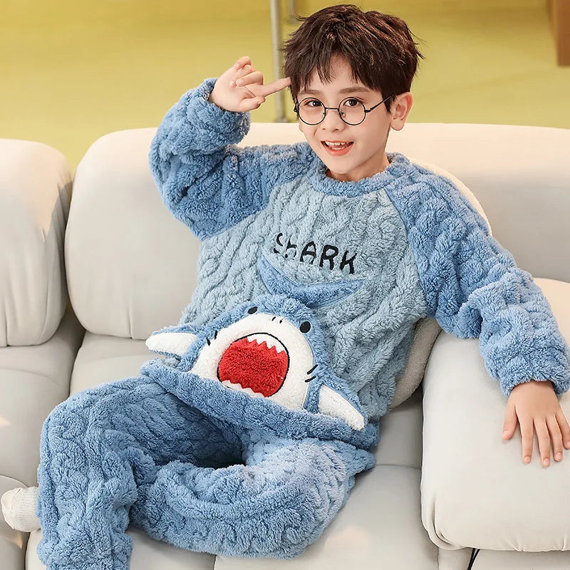 Flannel Pajamas For Boy Flannel Warm Pyjamas Kids Thicken Cartoon Teens Sleepwear Cute Big Boys Girls Night Clothes 10 12 14 16Y