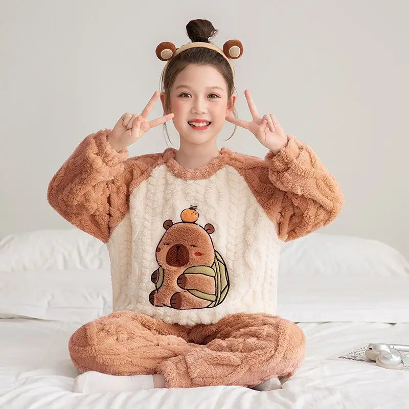 Flannel Pajamas For Boy Flannel Warm Pyjamas Kids Thicken Cartoon Teens Sleepwear Cute Big Boys Girls Night Clothes 10 12 14 16Y