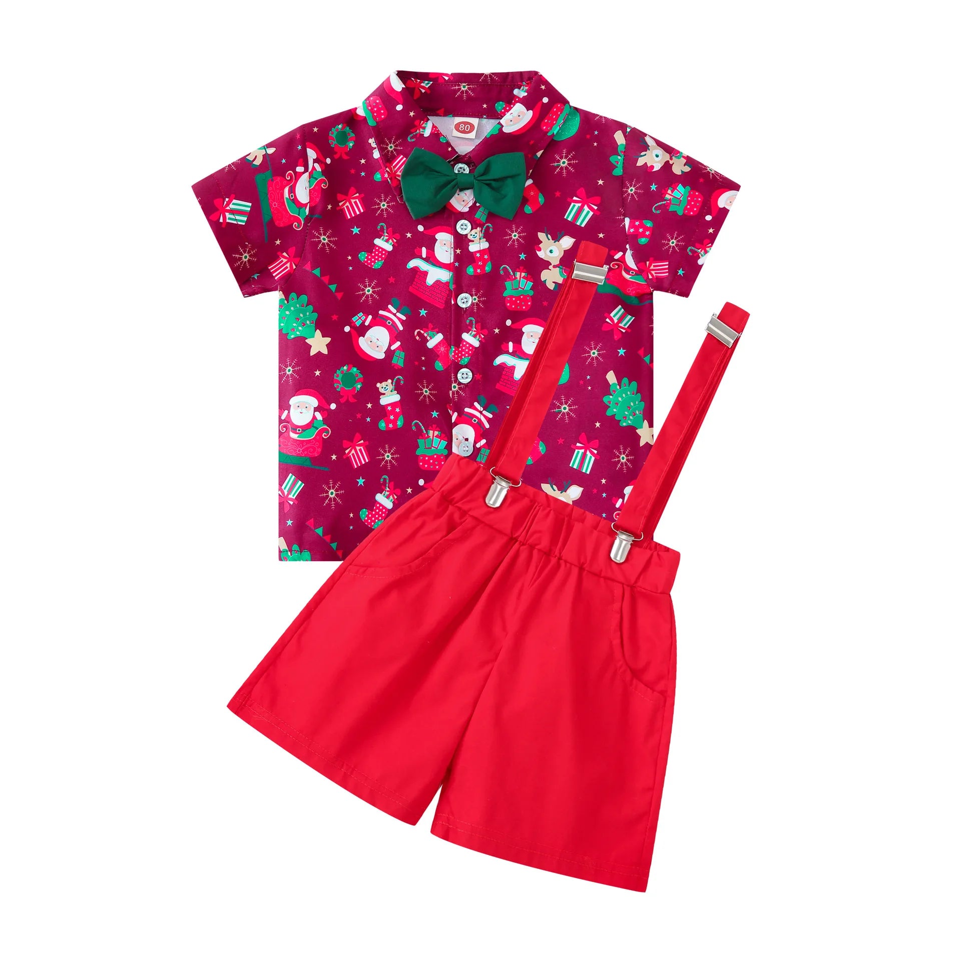 Ceeniu 1-5Y New Year Costume For Boy Christmas Outfit Santa Deer Printed Necktie Shirts and Red Pants Children Christmas Clothes