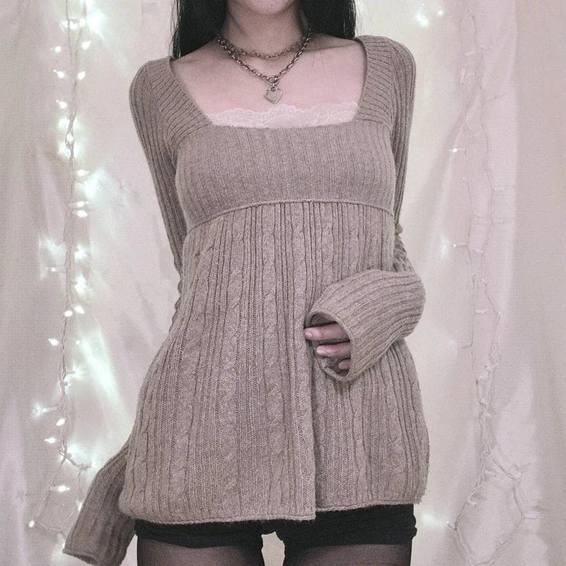 Vintage Babydoll Tops Pullovers Lady Aesthetic Coquette Knit Sweaters Outfit Autumn Square Neck Long Sleeve Knitwear Jumpers