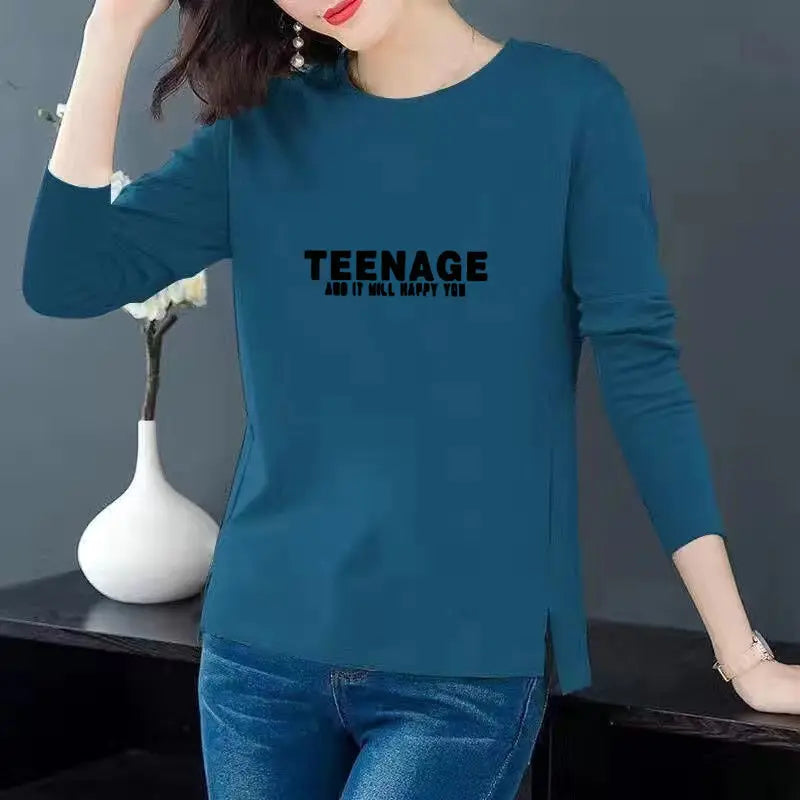 Women Korean Fashion Print Simple All Match T-shirt Spring Autumn Casual O Neck Irregular Tees Long Sleeve Loose Tops Ropa Mujer