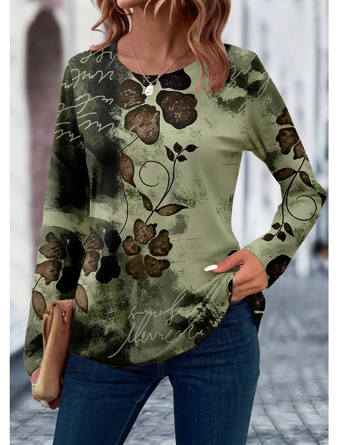 2024 Women's T shirt 3D Print Floral Leaf Design Long Sleeve Daily Weekend Fashion Round Neck Regular Fit Spring & Summer