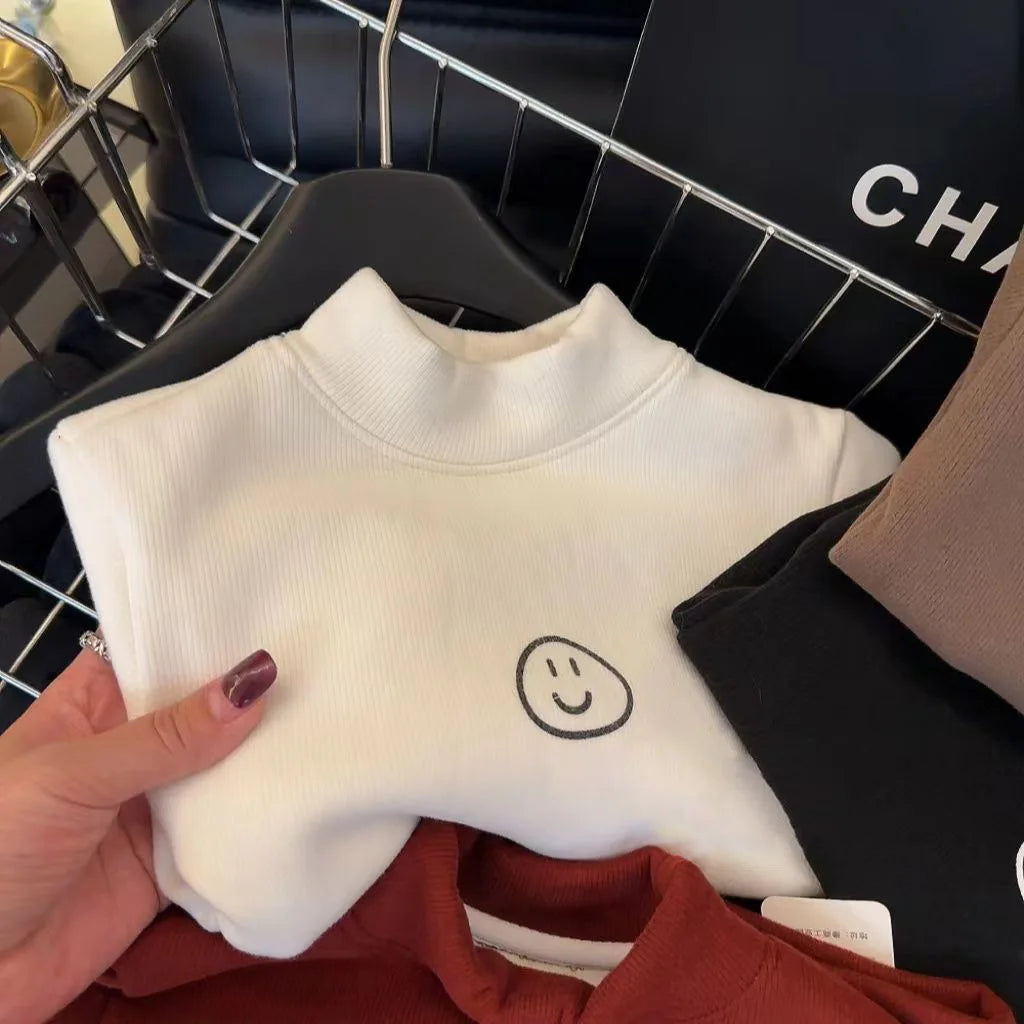 1pcs Autumn Winter Childrens T-Shirt Solid Velvet Warm Tops Babys Kids Half High Collar Long Sleeve Base Shirt Girls Boys Tshirt