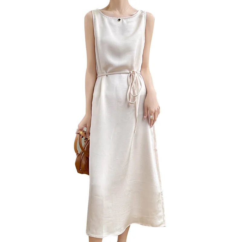 Summer 2024 Women's Sleeveless Vest Dress Korean Style Acetate Satin Long Skirt with Belt Tea Break Method Slimming Gown