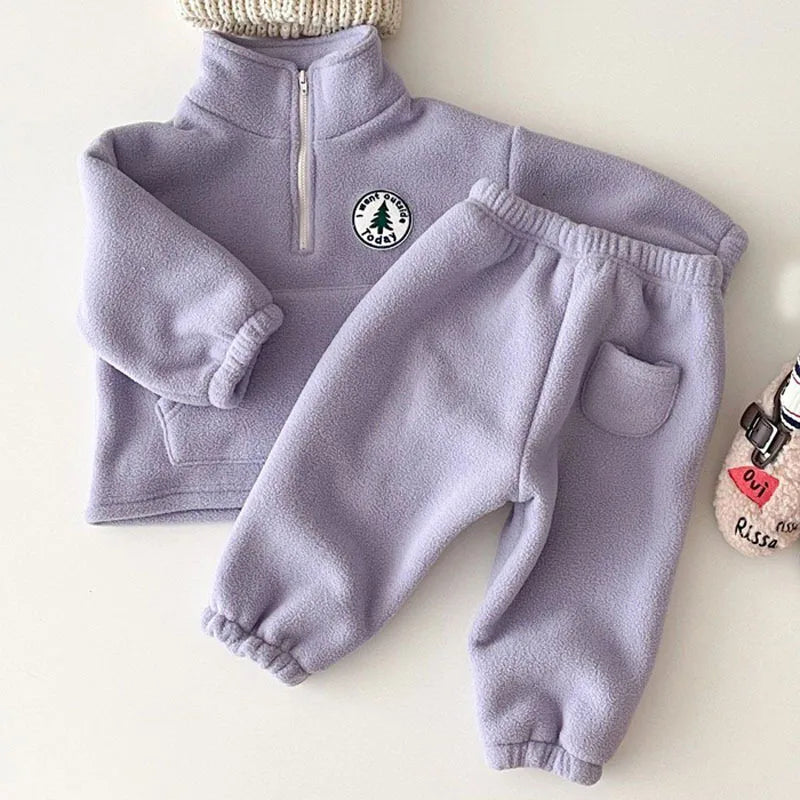 2025 Autumn Baby Boys Clothing Sets Children Thicken Plush Clothes Girls Solid Cotton High Collar Tops+ Pant 2 Pieces Suits