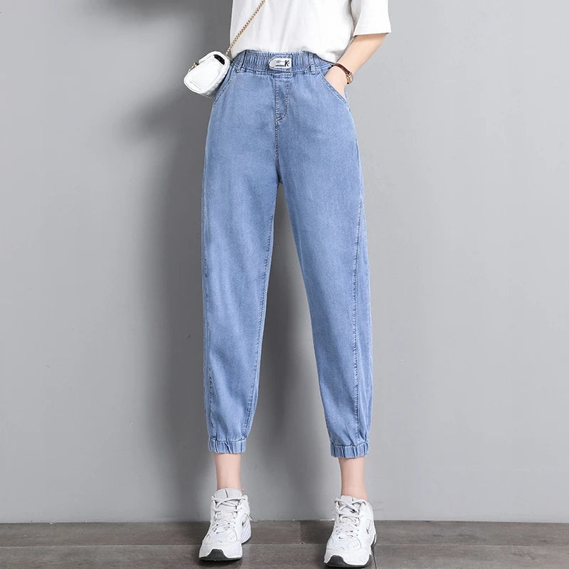 Harajuku Style Women's Jeans Elastic Waist High Waist Cotton Stretch Denim Light Color Pear Shape Body Loose Fit Long Pants