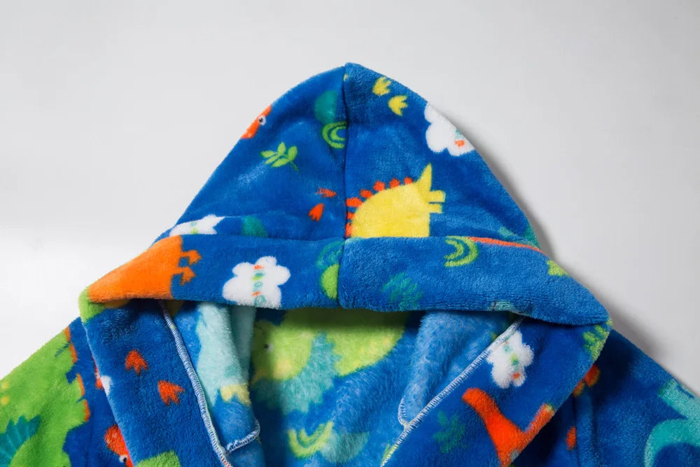 Kids Hooded Dinosaur Printed Flannel Bathrobe Babys Bath Robes Boys Astronaut Cartoon Soft Warm Pajamas Long Sleeves Towel Robe