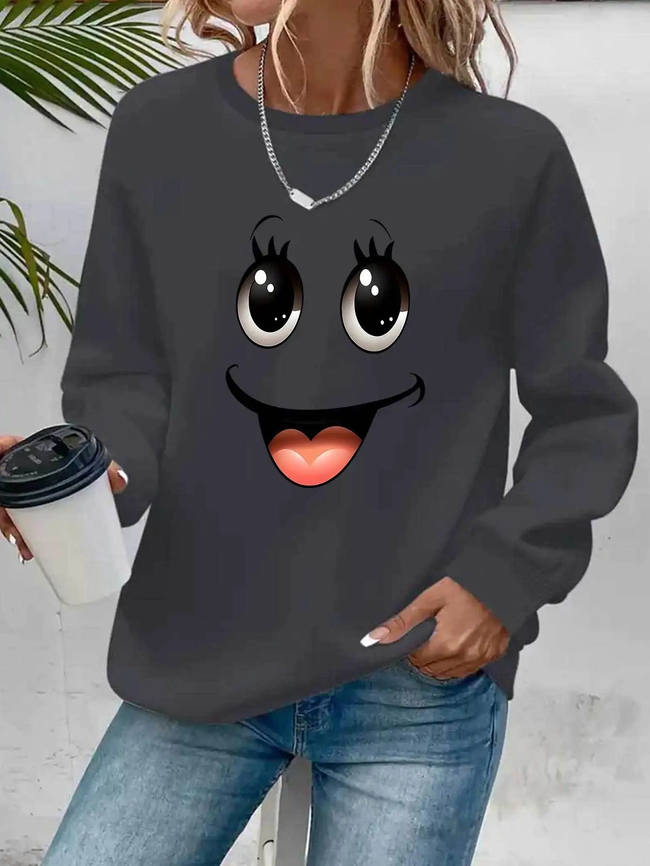 Women's autumn and winter casual, fashionable, loose, comfortable, warm, Paris pattern printed round neck long sleeved pullover