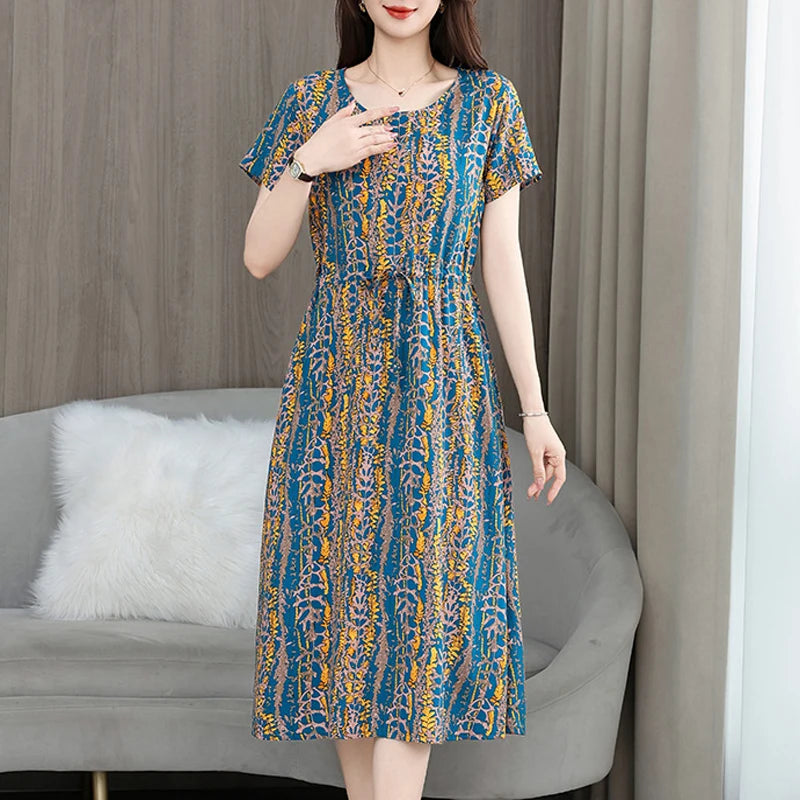 New Fashion 2025 Print Summer Dresses For Women Short Sleeve O-Neck Elegant Summer Dress Woman Clothing