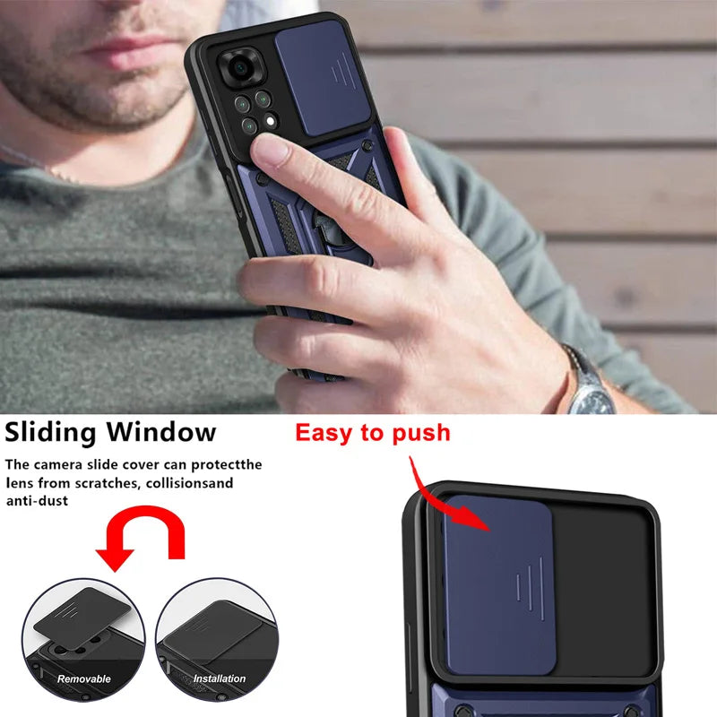 Slide Camera Lens Protector Armor Case For Redmi Note 13 12 11 10 Pro Plus 10s 11s 12s 13C 12C Military Grade Bumpers Ring Cover
