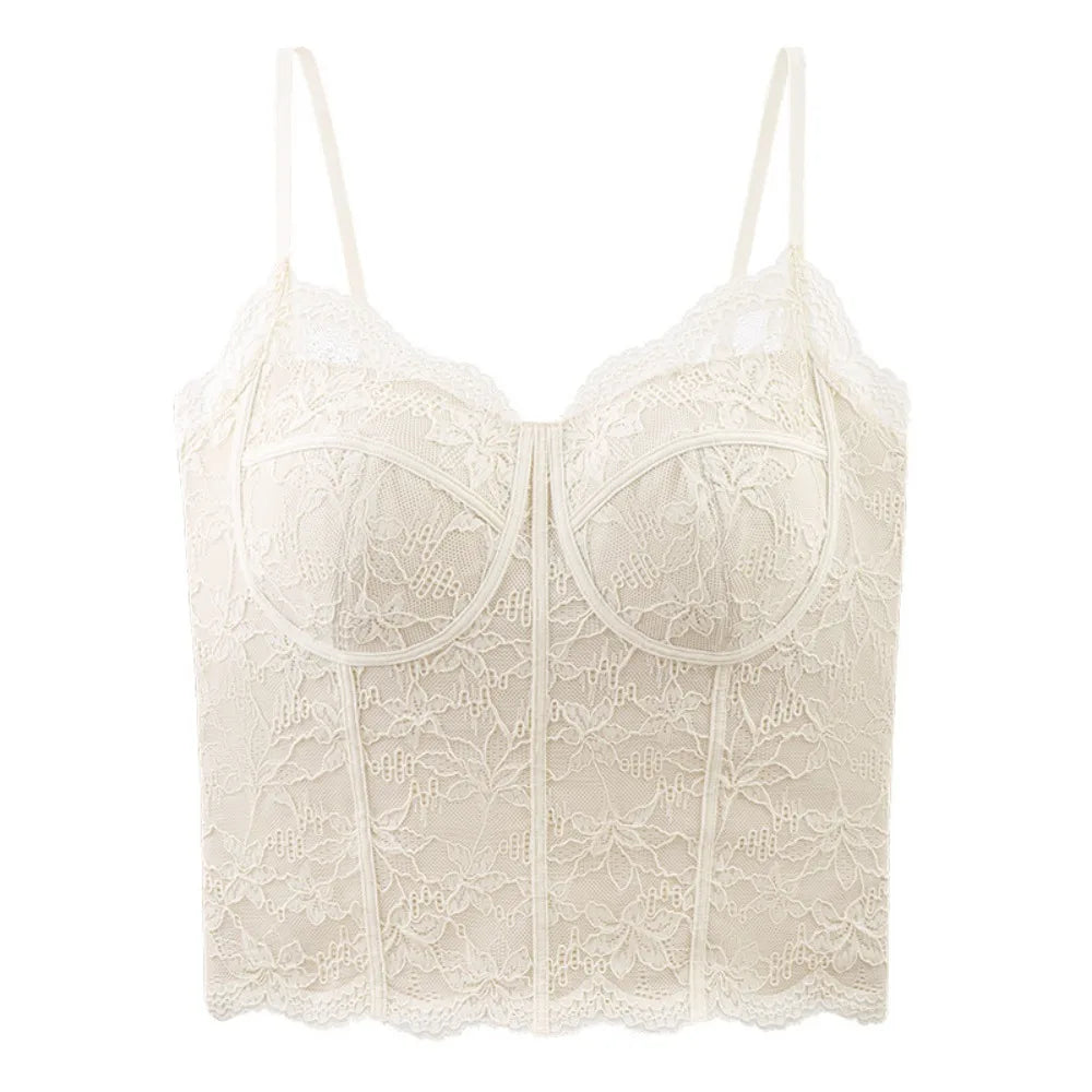 Chic Mesh Flower Slim Lace Crop Top Bottoming Shirt Sweet Girl's Vest Top Spicy Girls Style Summer Camisole with Pads Women