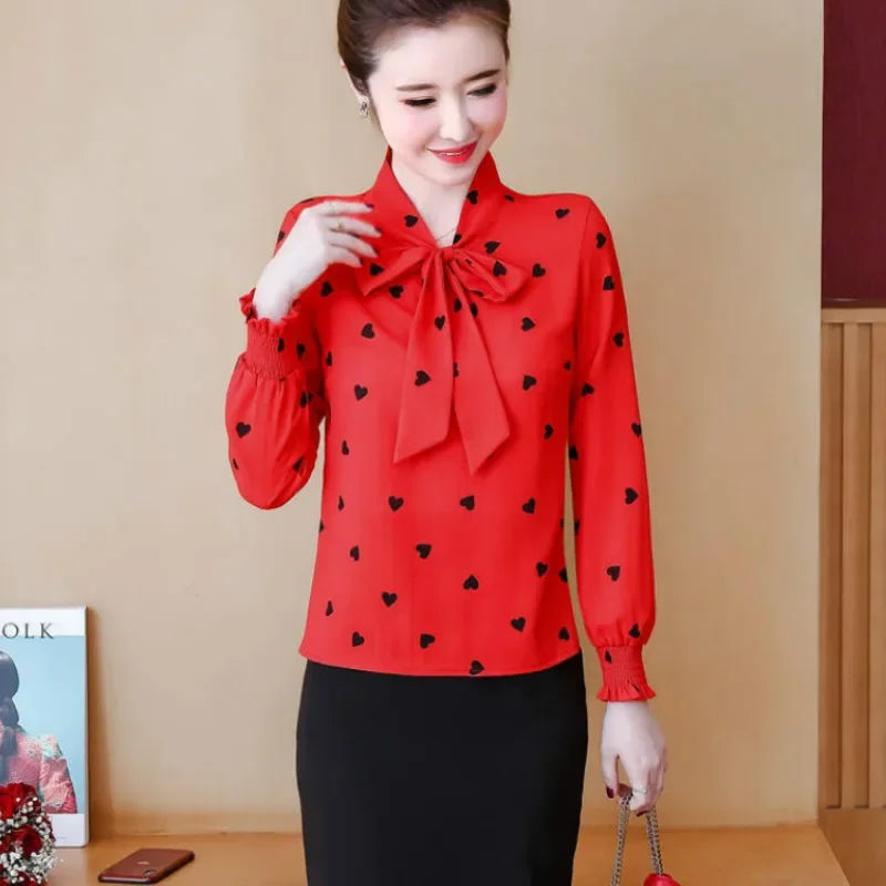Shirts Women Printed Bow Long Sleeve Korean Style Chic Fashion Office Lady Elegant Vintage Casual Blouses Womens Daily Lovely