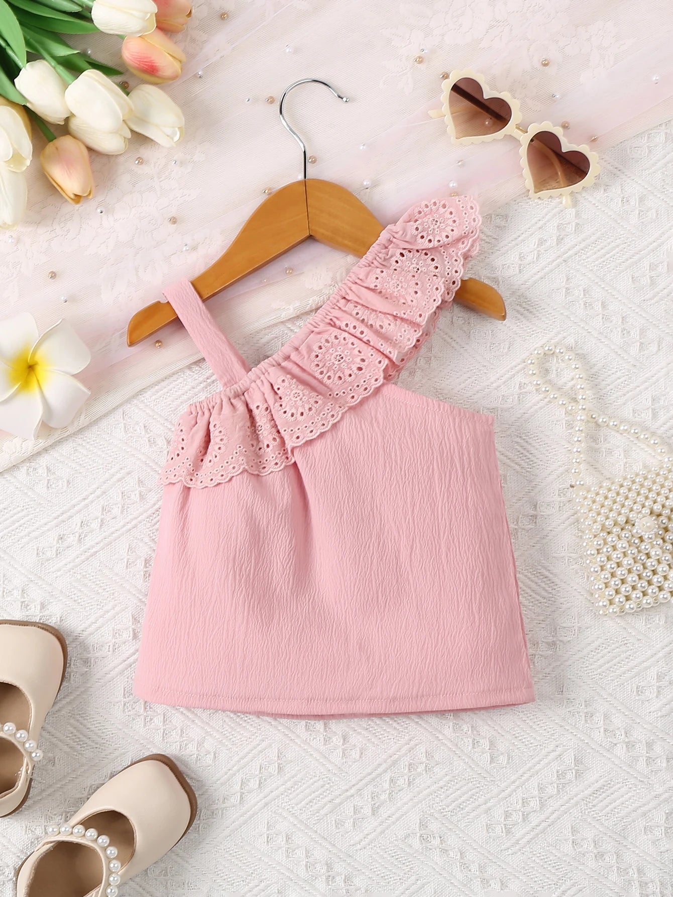 Single room baby girl fashion cute suspender pink lace ruffle collar casual T-shirt summer