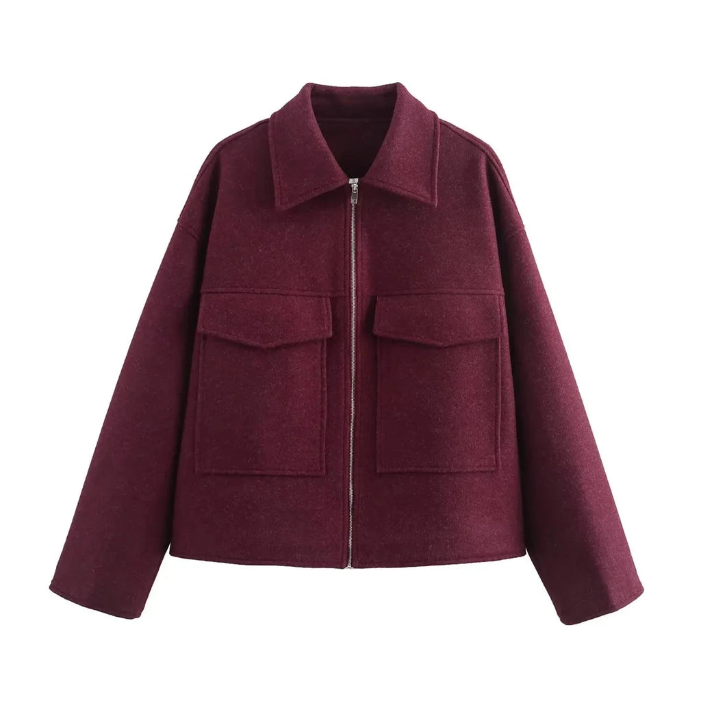 KONDALA 2026 Spring Summer Casual Women Wine Red Jackets Fashion Streetwear Zipper Pockets Turn Down Collar Chic Ladies Jackets