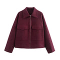 KONDALA 2026 Spring Summer Casual Women Wine Red Jackets Fashion Streetwear Zipper Pockets Turn Down Collar Chic Ladies Jackets