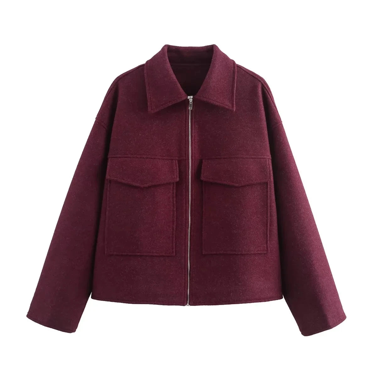 KONDALA 2026 Spring Summer Casual Women Wine Red Jackets Fashion Streetwear Zipper Pockets Turn Down Collar Chic Ladies Jackets