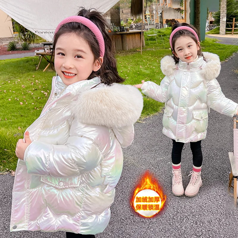 2026 Winter Coats Girls Warm Long Down Jackets Kids Fashion Unicorn Shiny Waterproof Parka Children Fur Collar Hooded Outerwear