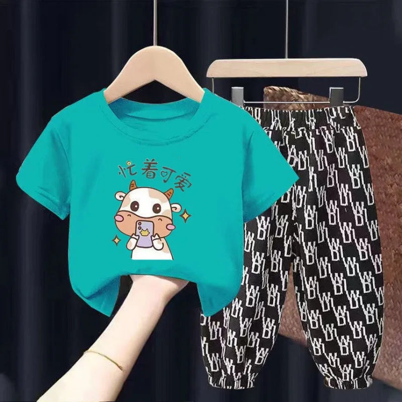 Mother Kids Set Summer 2pcs Clothes Children Boy Girl Clothes Sets Cute Clothing Cotton Short Sleeve Trousers T-shirt Pants Suit
