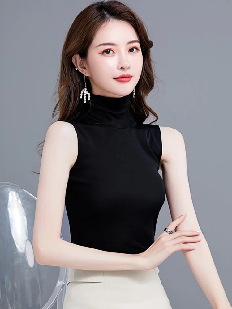 Summer Tops For Women 2026 Turtleneck Basic Sleeveless Lace Tank Tops Women Female Top Korean Tees Black White Blue