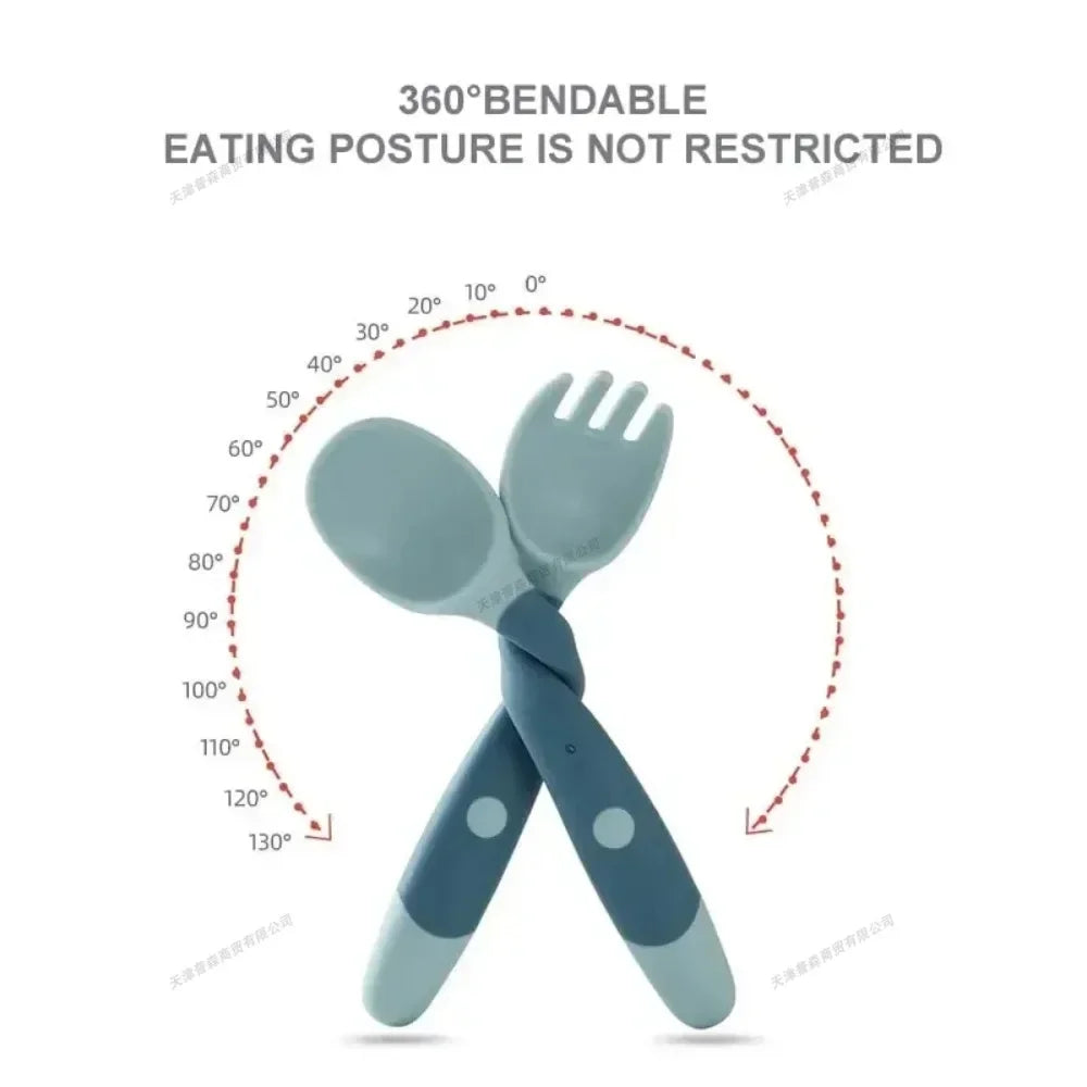 Baby Fork and Spoon Set Soft Silicone Handle Bendable Toddler Utensils Training Tableware Self Feeding Tools for Infants Kids