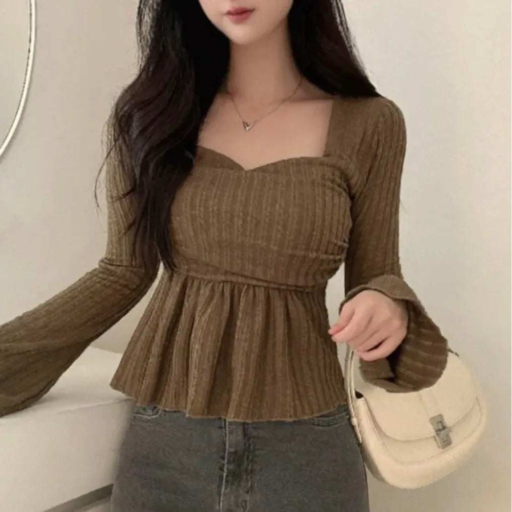 Chic Design Knitted Sweater Women's Square Collar Waist Cinched Flared Sleeve Inner Wear Short Top Commute Style