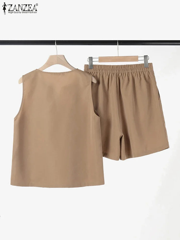 ZANZEA Casual Loose Sleeveless Tank and Shorts Women Summer 2pcs Short Sets Fashion Solid Tracksuit Sexy Pocket Matching Suits