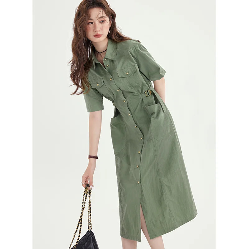Fashion Lapel Button Pockets Lace Up Casual Dresses Female Clothing Summer New Loose Short Sleeve Solid Color Midi Dress