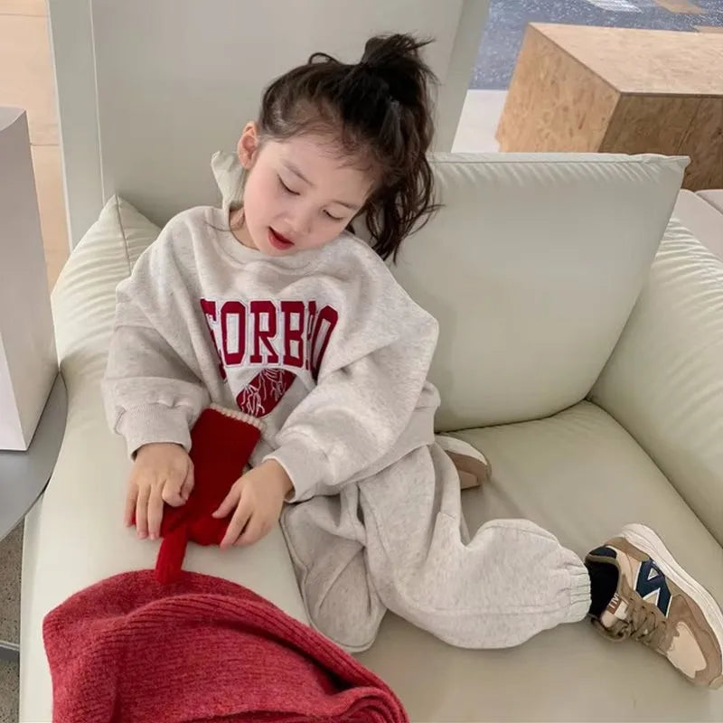 Winter Baby and Girls Gray Alphabet Warm Fleece Lined Sweatshirt+Sweatpant Kids Tracksuit Children Outfit Jogging Set 2-8 Years