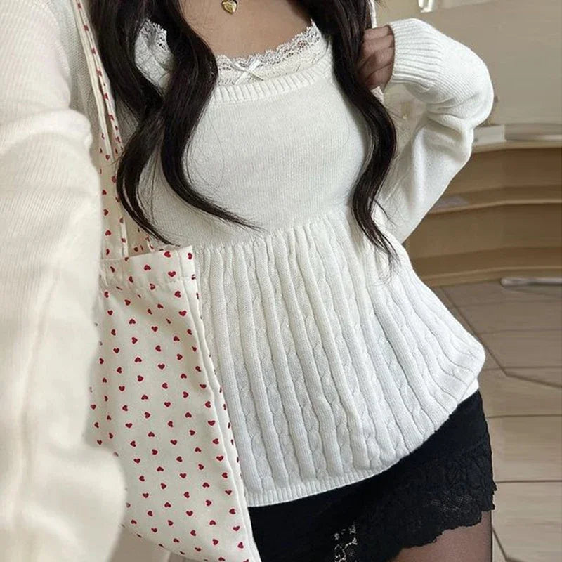 Vintage Babydoll Tops Pullovers Lady Aesthetic Coquette Knit Sweaters Outfit Autumn Square Neck Long Sleeve Knitwear Jumpers