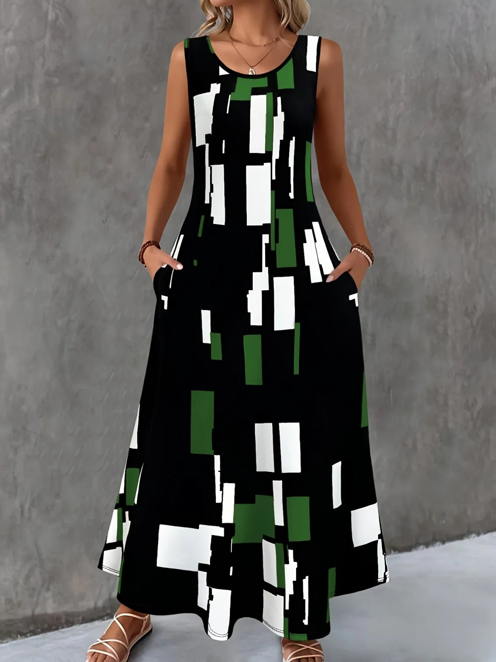 Women's Casual Dresses Summer Stylish Polka Dot Print Sleeveless Dress with Round Neck and Pockets Fashion Elegant Party Dresses