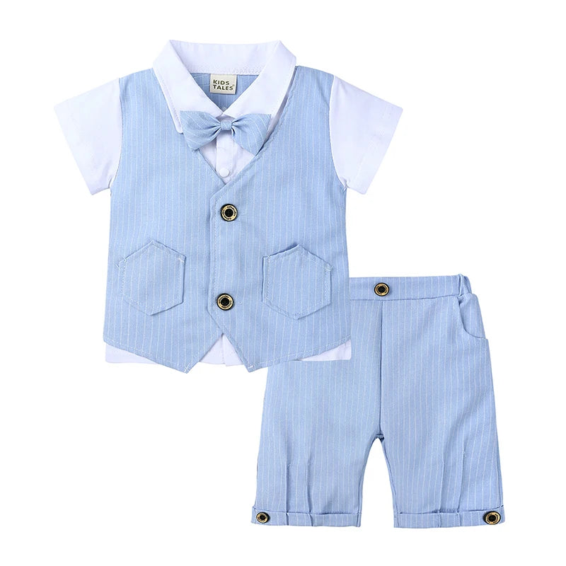 2026 Baby Boy Gentleman Suit Toddler Bow Tie White Shirt Vest+Pants Stripe Sets 3Pcs Formal Birthday Wedding Kids Party Clothes