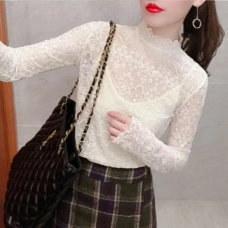 White Lace Base Shirt Women's Autumn Winter New Style Inner Hollow out Half High Collar Mesh Top Fashionable Korean Style Sli...