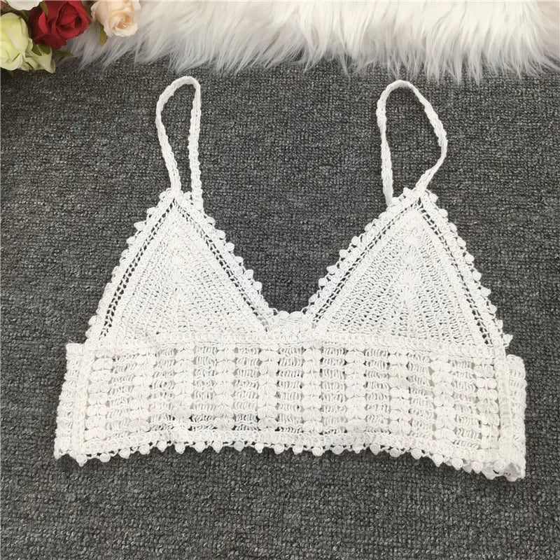 Crop Tops Retro Wild Hollow Perspective Tassel Sexy Spaghetti Strap Tanke Top Women Built In Bra 2021 New Back Lace Halter Neck