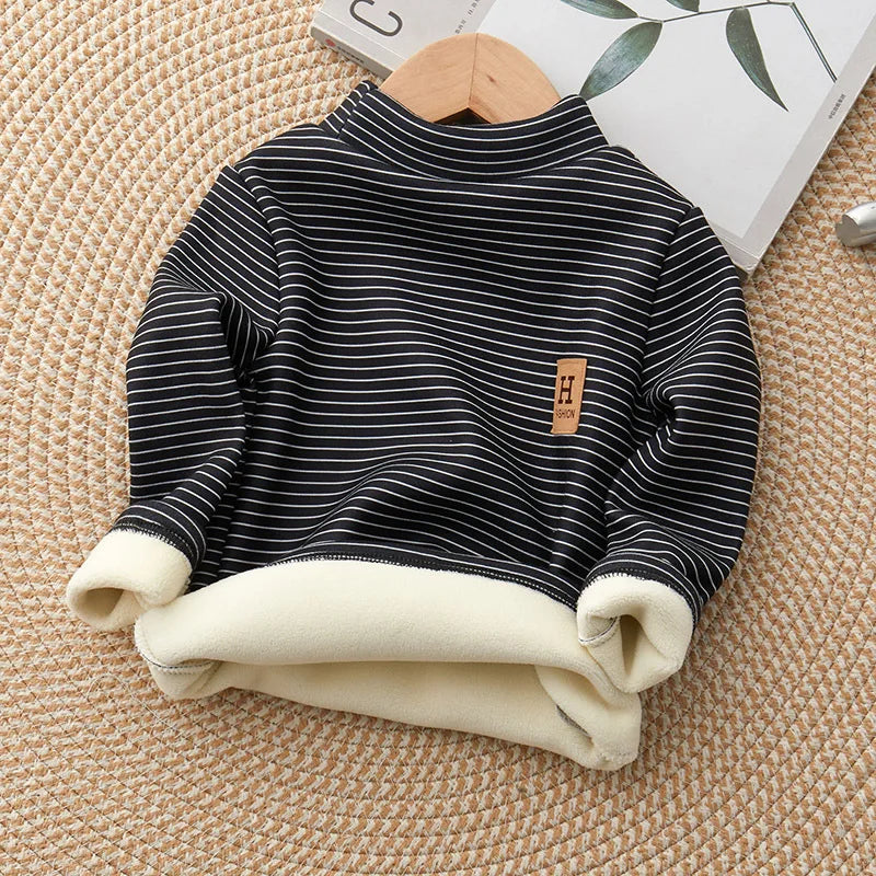 Children's Velvet Bottom Shirt New Mid to Large Children's Half High Collar Warm Autumn and Winter Baby Top Long Sleeve T-shirt