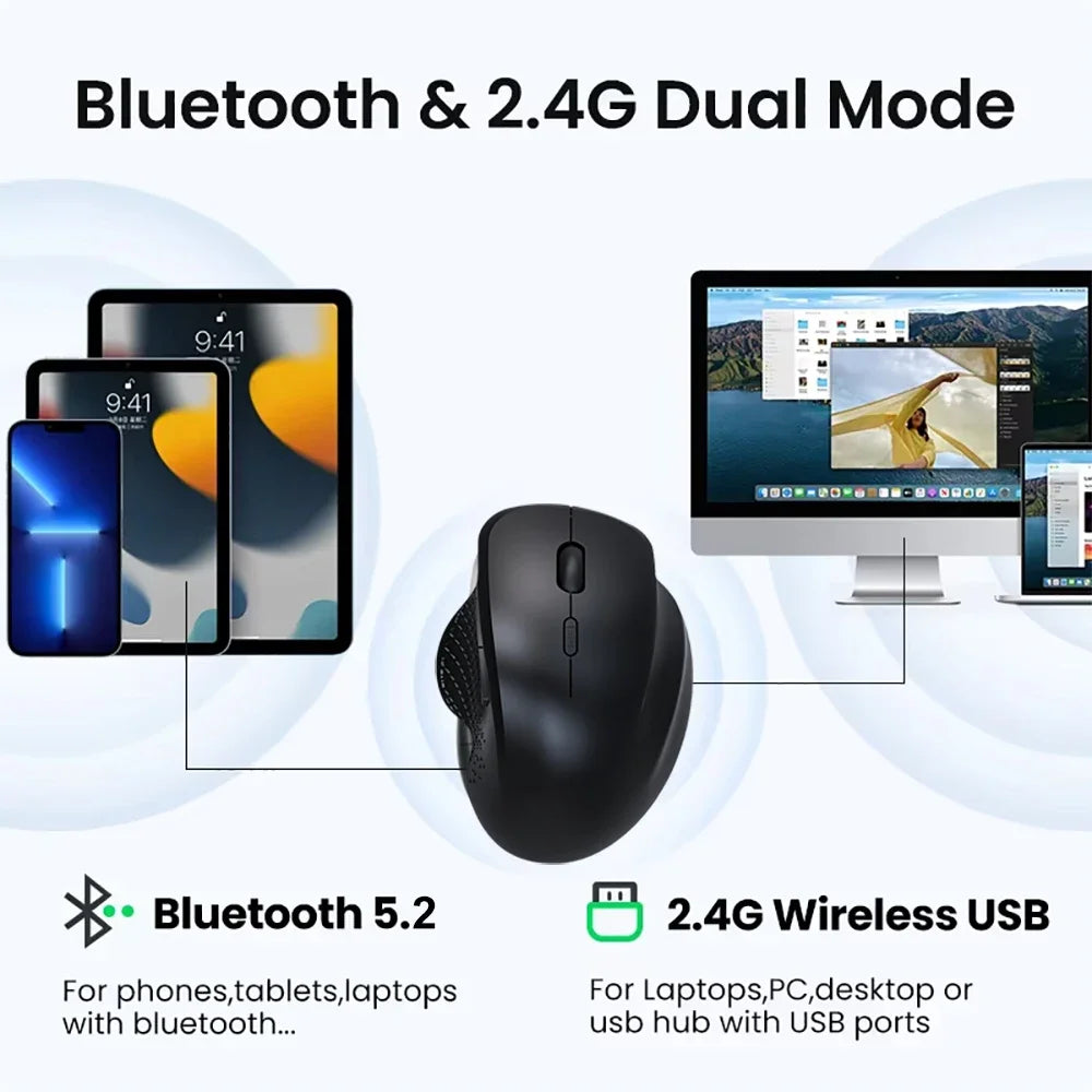 Bluetooth 5.2 Mouse 2.4G Wireless Mouse 6 Keys Dual-Mode Rechargeable Gaming Mouse 1600DPI Optical Mouse For PC Laptop Tablet