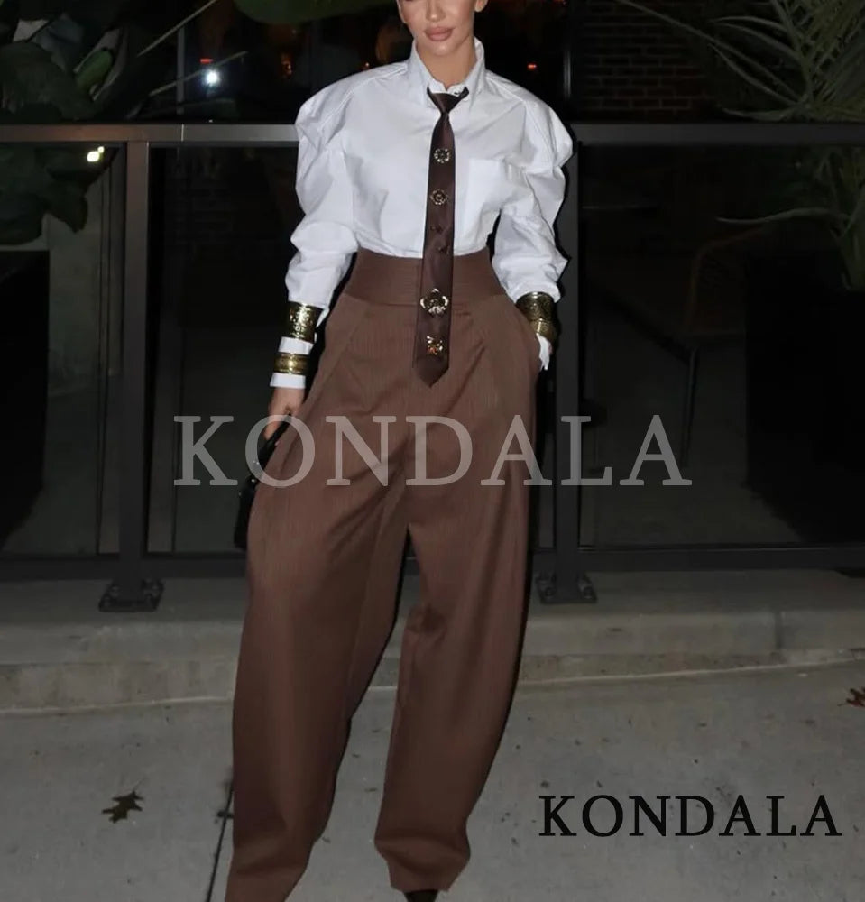 KONDALA Commute High Street Balloon Pants Women Trendy Casual Pleated Trousers 2026 Spring Summer Office Lady Vintage Long Pants