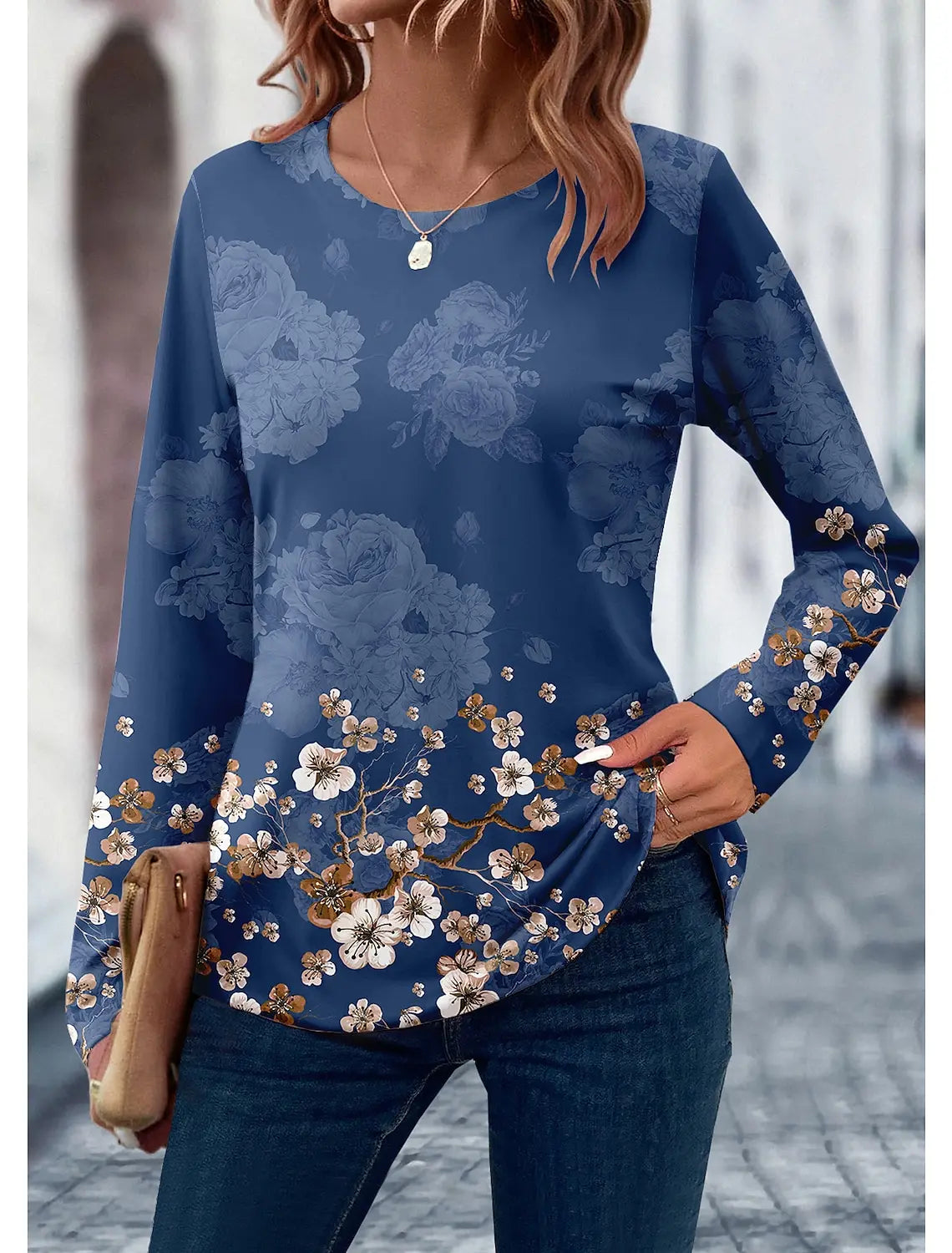 2024 Women's T shirt 3D Print Floral Leaf Design Long Sleeve Daily Weekend Fashion Round Neck Regular Fit Spring & Summer