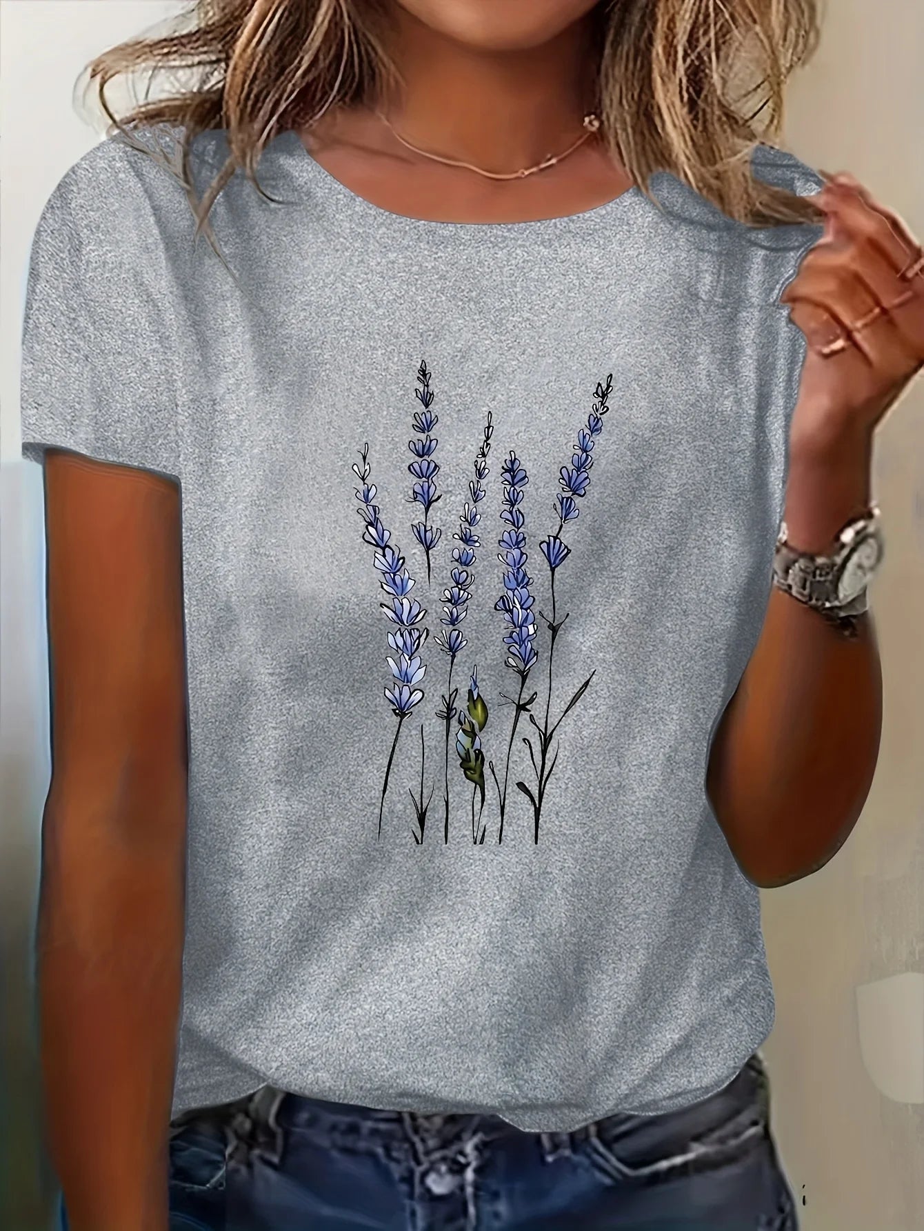 Women's Summer Casual Lavender Floral Print T-Shirt - Korean-Inspired Round Neck Short Sleeve Top Lavender Blouses